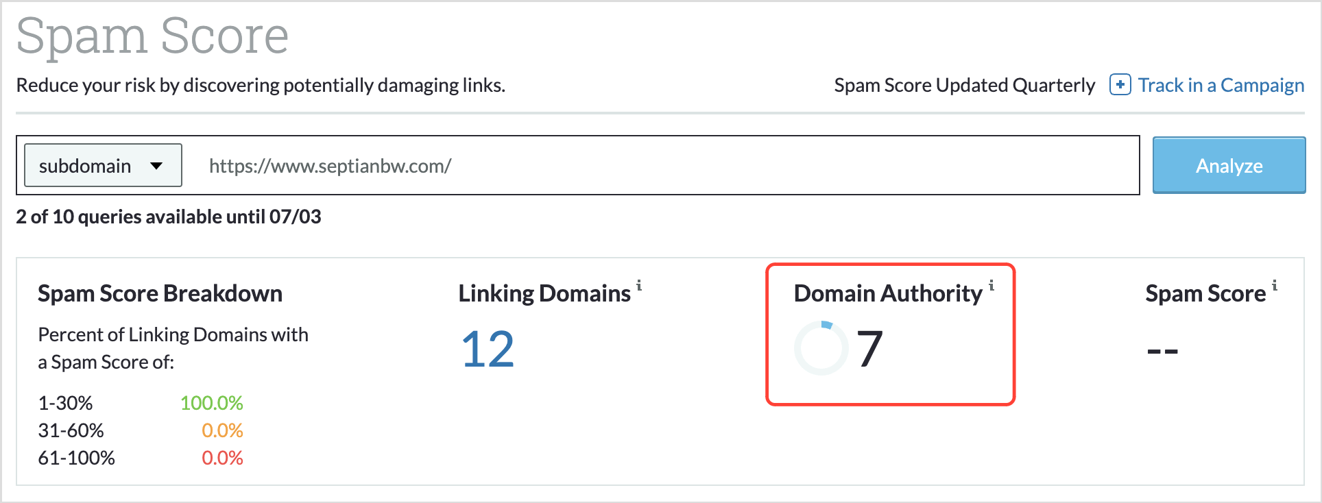 Contoh Domain Authority di Moz