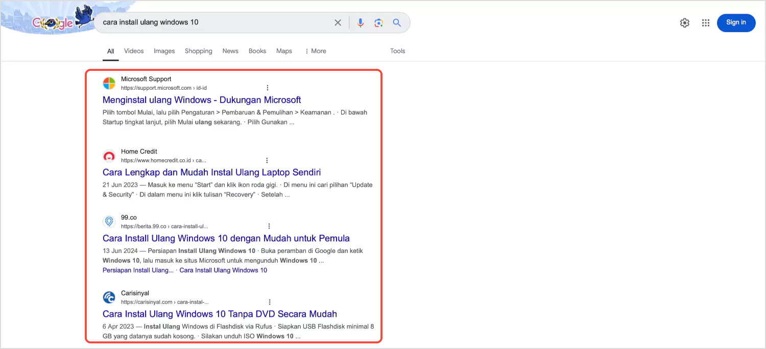 Contoh Organic Search Results