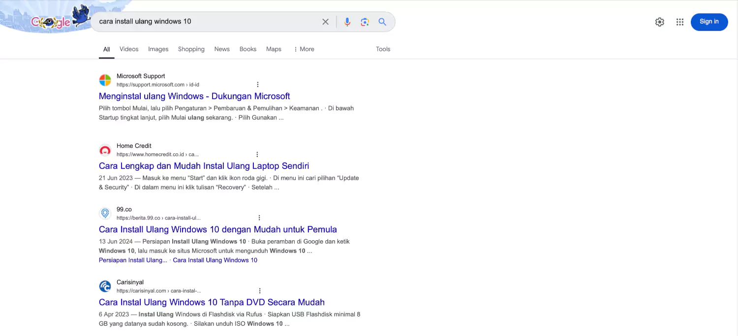 Contoh Organic Search Results